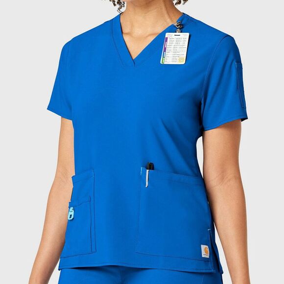 ~ Carhartt Force Sm Scrub Top V-neck Pockets Womens Cross-Flex Aqua Scrubs - Picture 2 of 16